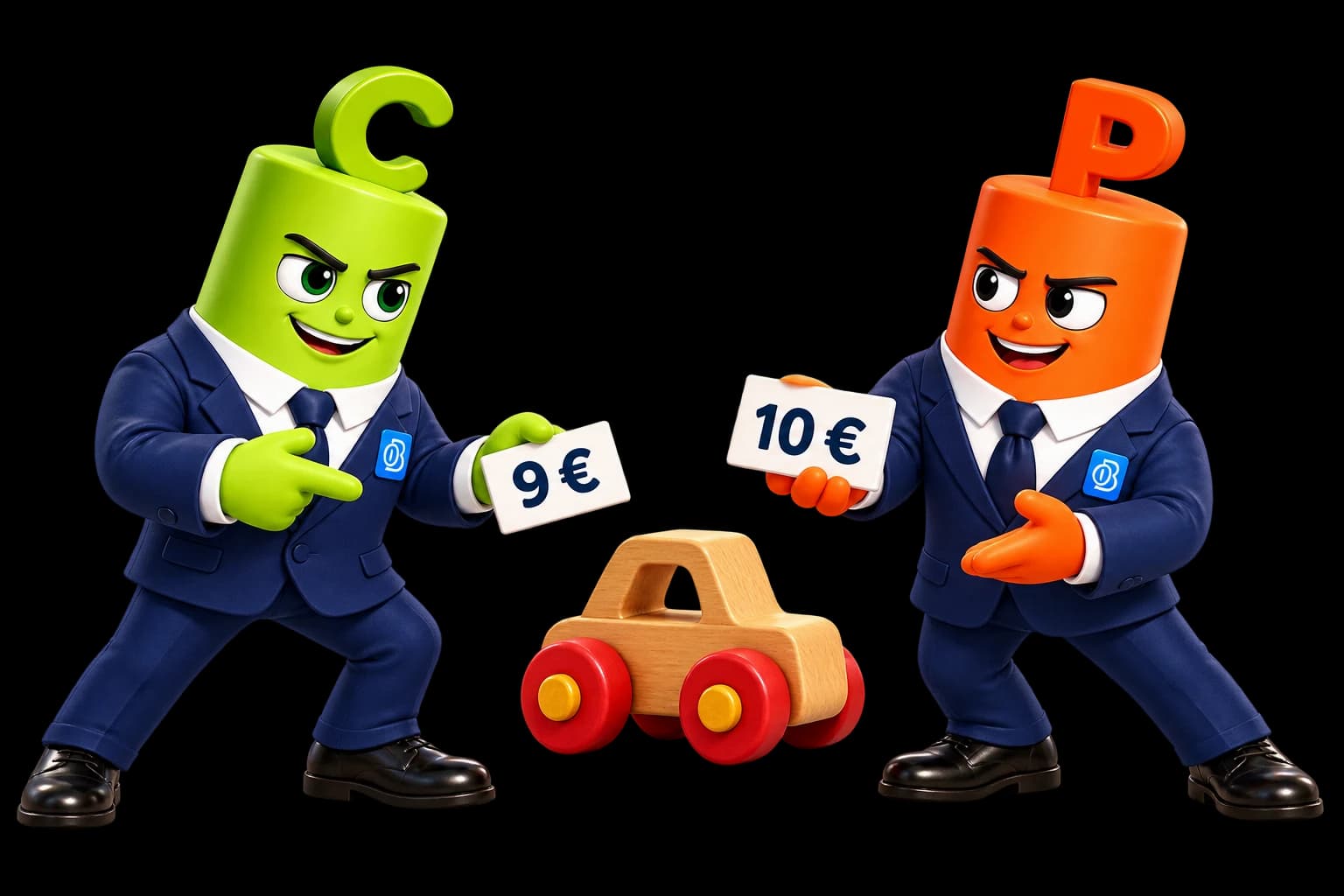 The green and orange BeInOptions mascots show the same toy with a €9 buying bid and a €10 selling price.