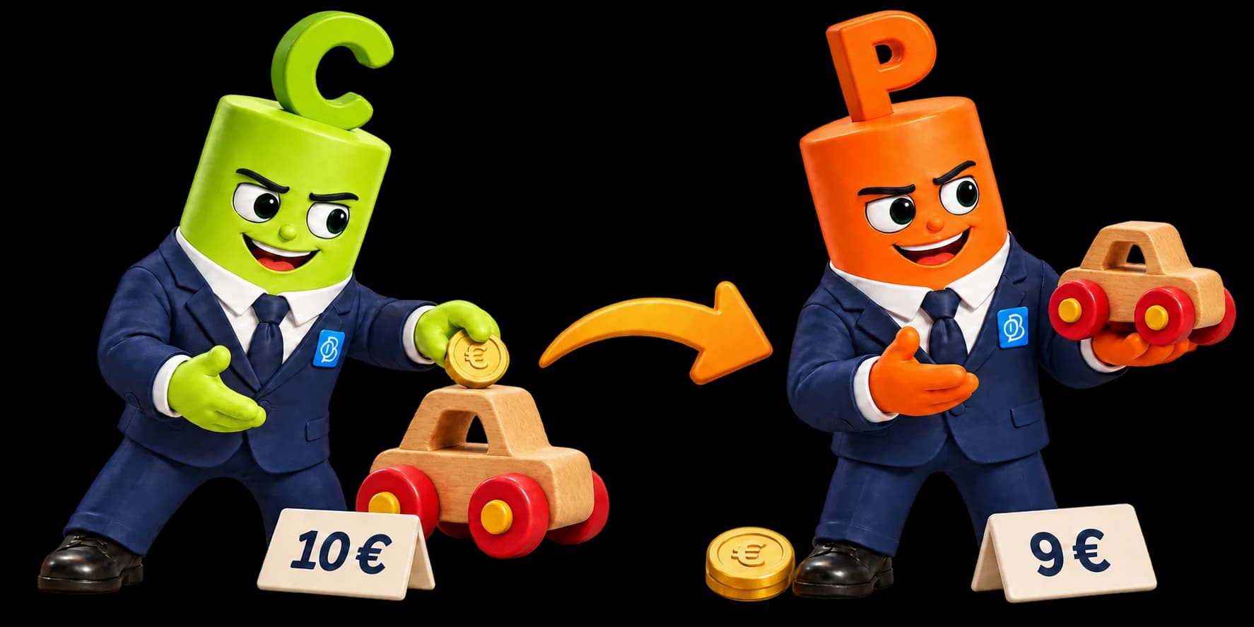 The green C mascot shows the purchase of the same wooden toy car for €10, while the orange P mascot shows its immediate resale for €9.