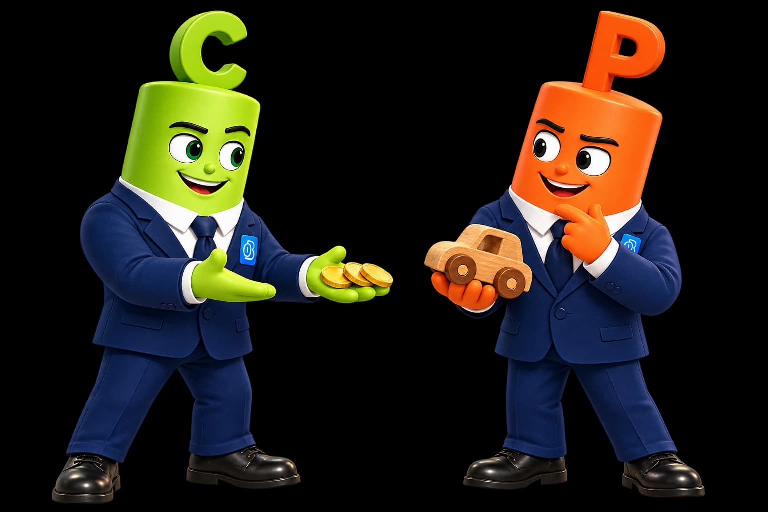 The green mascot offers coins for a toy that the orange mascot is offering for sale.
