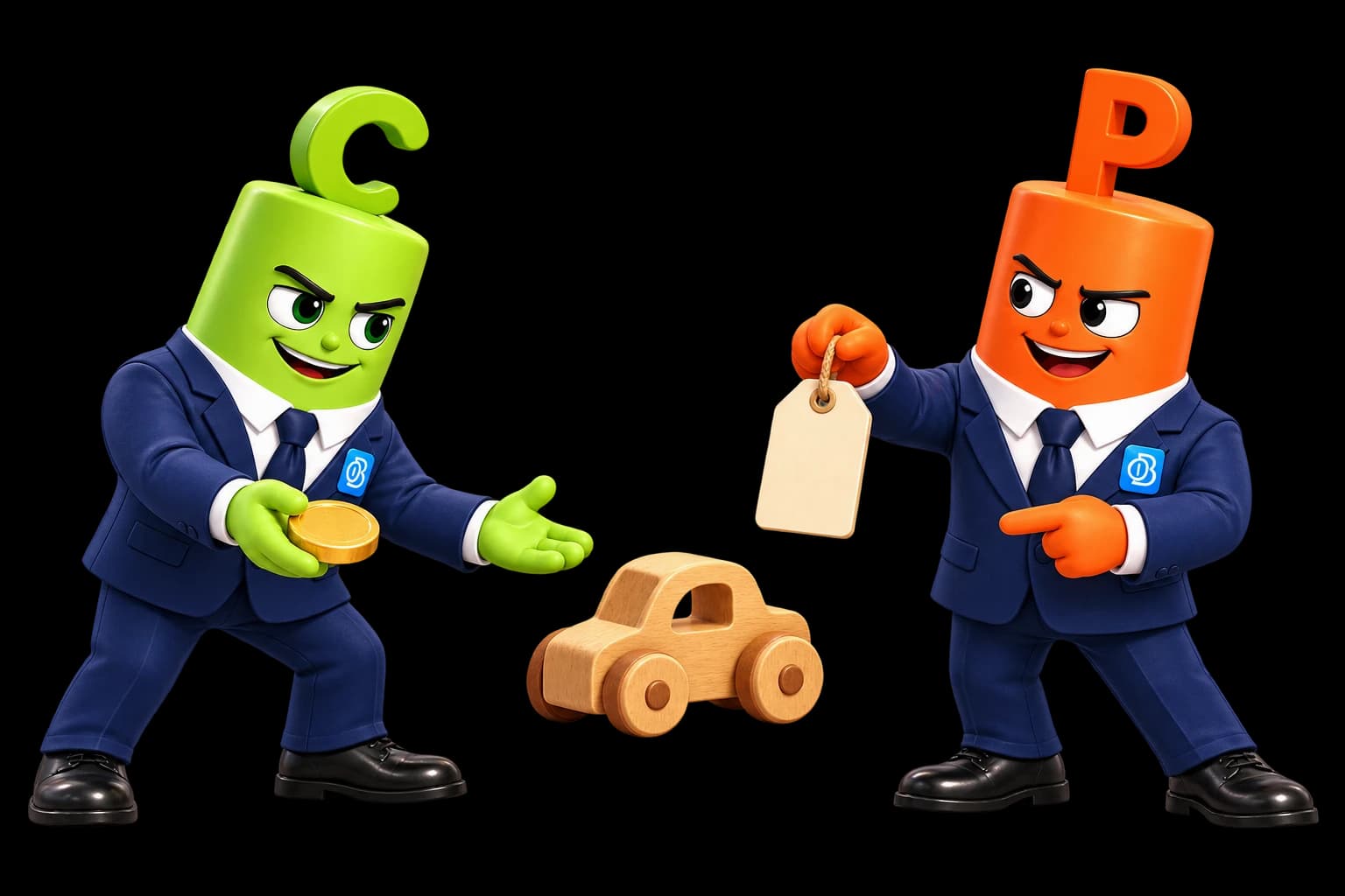 The green mascot stands with a buying offer opposite the orange mascot, who offers the same toy for sale.