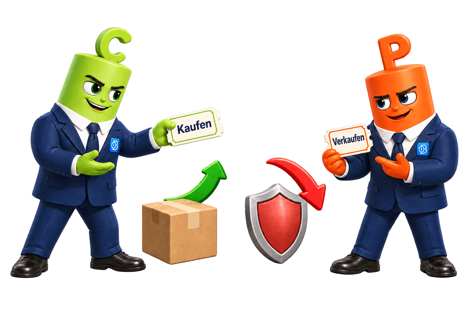 Das grüne C-Maskottchen zeigt ein Ticket mit „Kaufen“ und das orange P-Maskottchen ein Ticket mit „Verkaufen“; dazwischen stehen ein Paket, ein Schutzschild und ein grüner sowie roter Pfeil.
