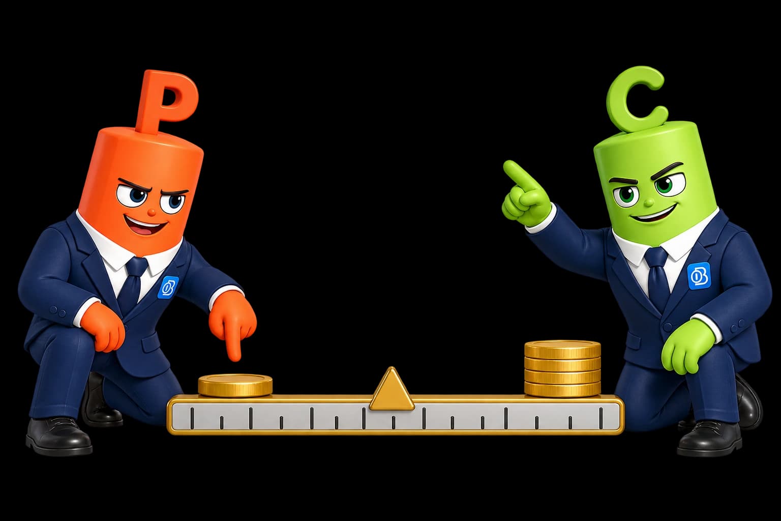 On the left, the orange P mascot shows a Put with Strike €10 and market price €8; on the right, the green C mascot shows a Call with Strike €10 and market price €12.