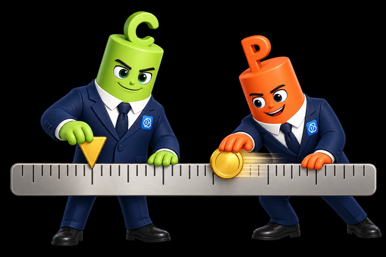 The green C mascot fixes Strike €10 on a ruler while the orange P mascot moves a coin representing a €12 market price.