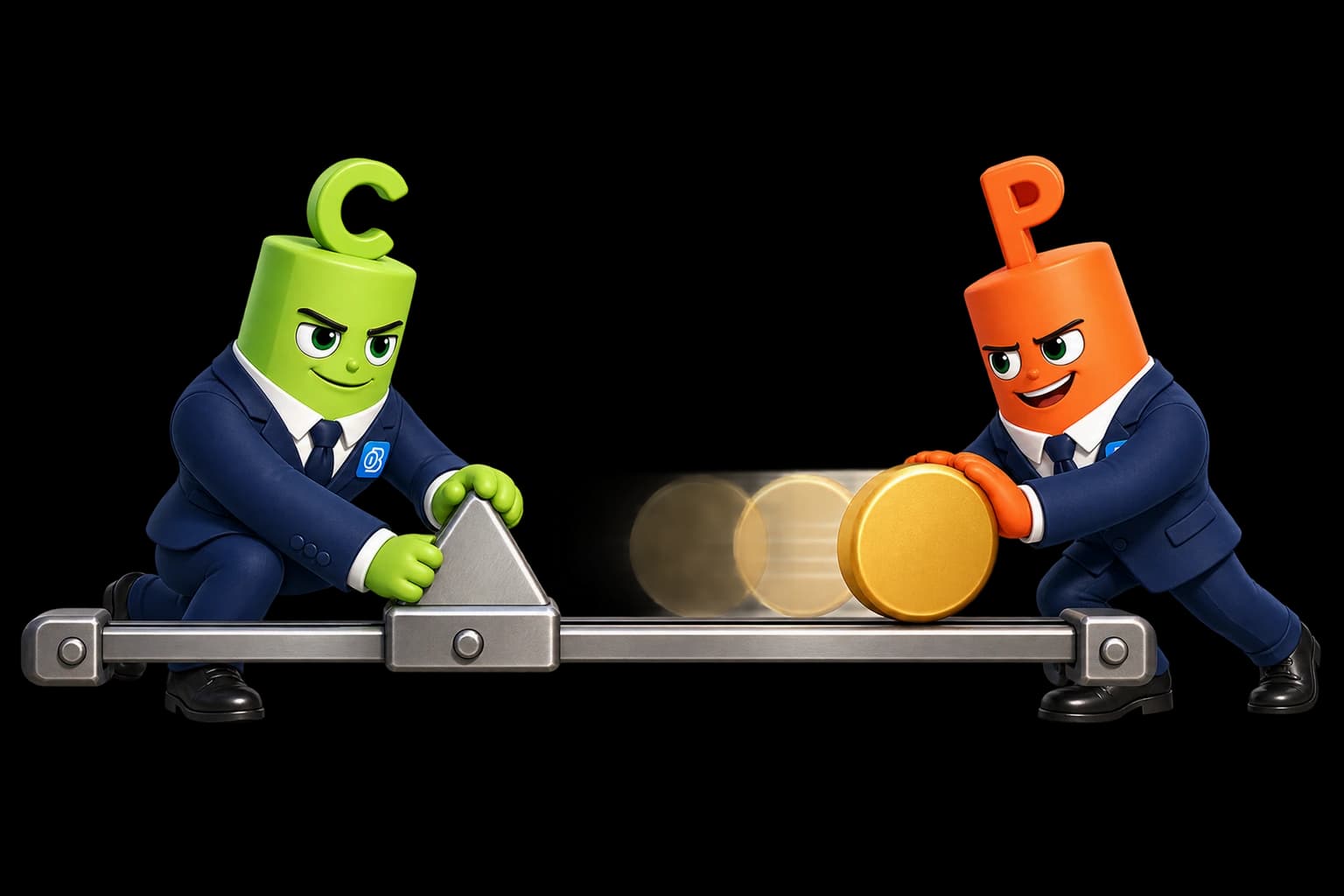The green C mascot fixes Strike €10 while the orange P mascot moves the market price between €8 and €12.