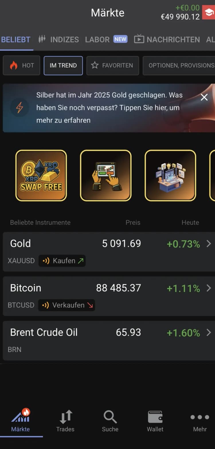 Demo mode in the trading app
