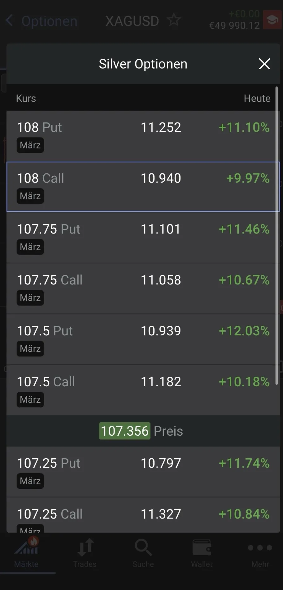 Options list with Call and Put options and various strikes