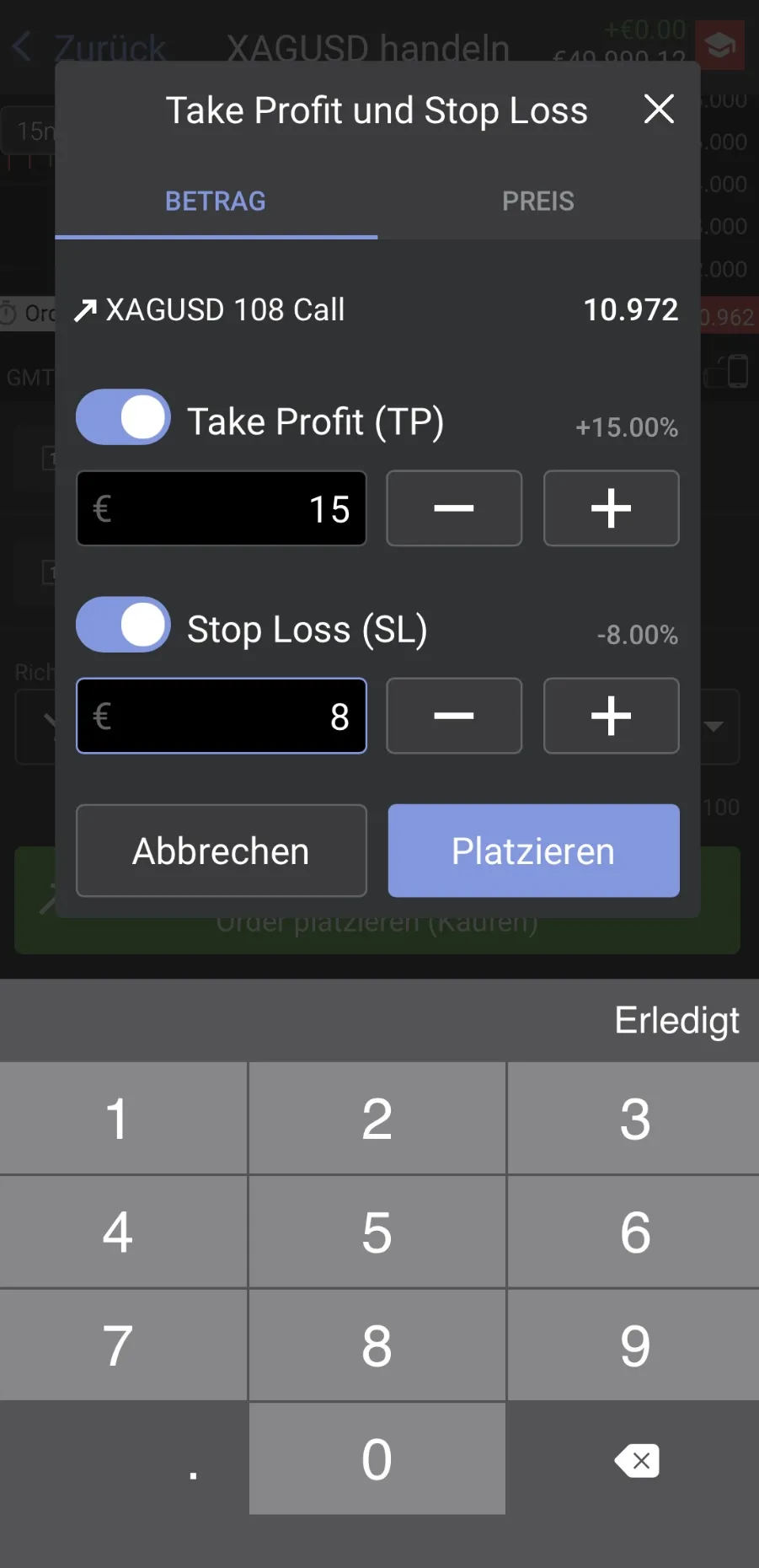 Take Profit and Stop Loss settings dialog