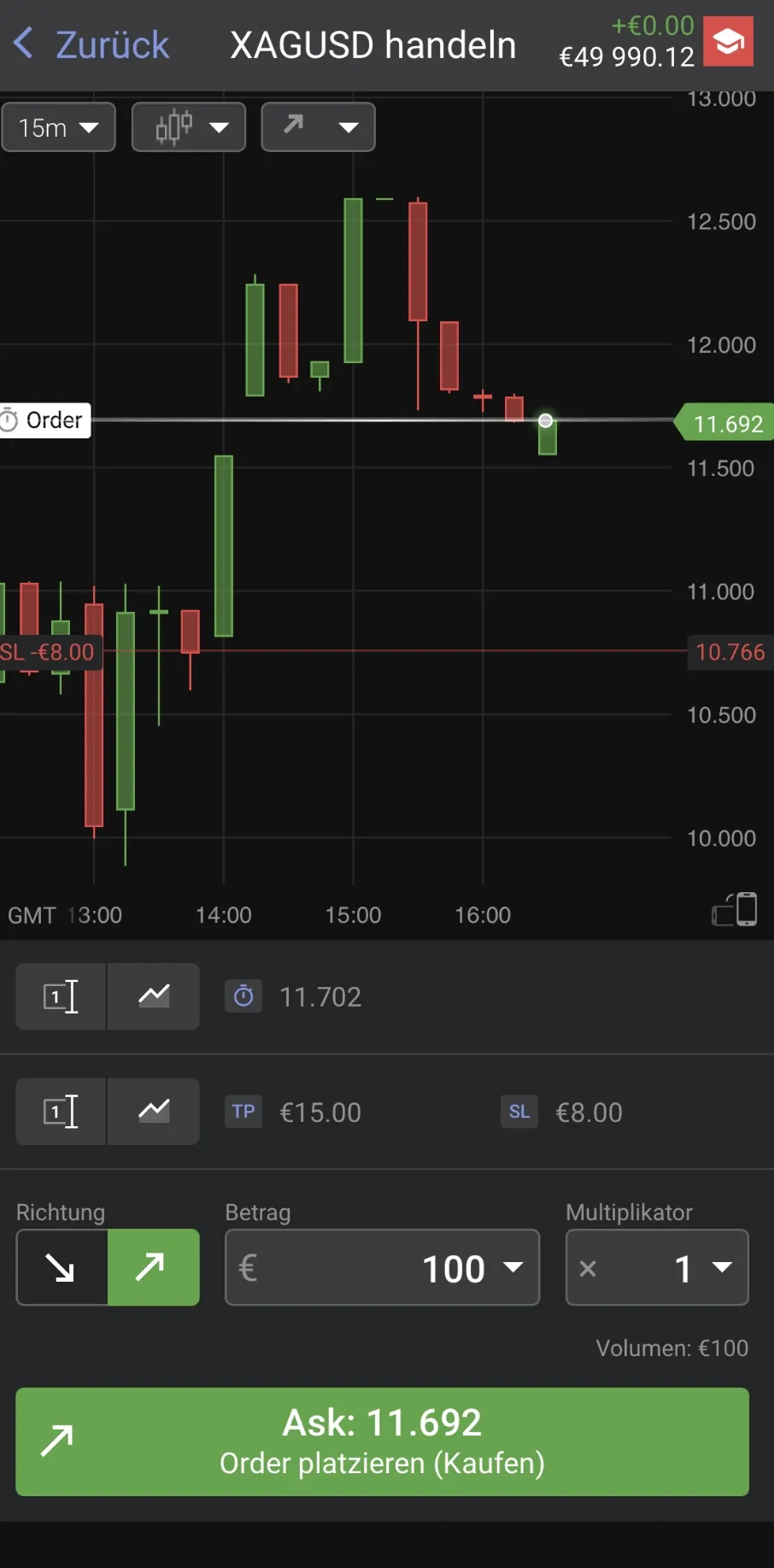Order confirmation screen with all trade parameters